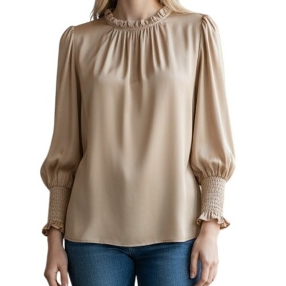 AMANDA UPRICHARD 100% Silk Beige Ruffle Trim Balloon Sleeve Blouse EUC Petite